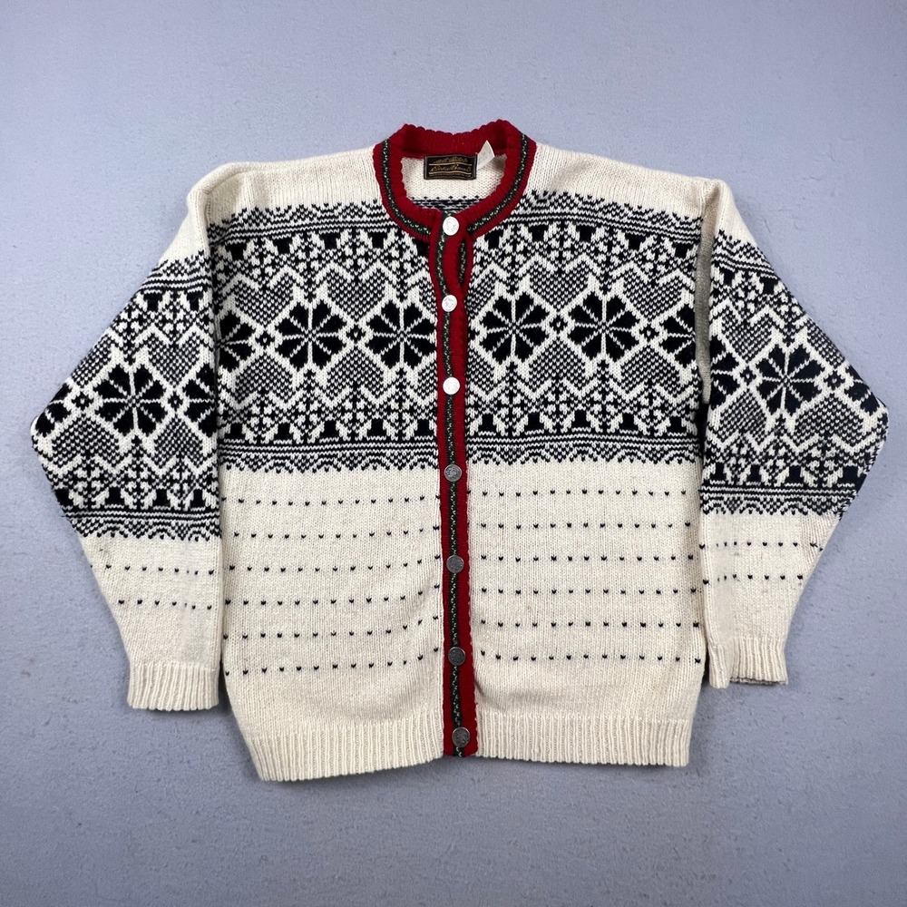Vintage Eddie Bauer Cardigan Sweater Womens L Nordic Wool Blend Winter Snowflake